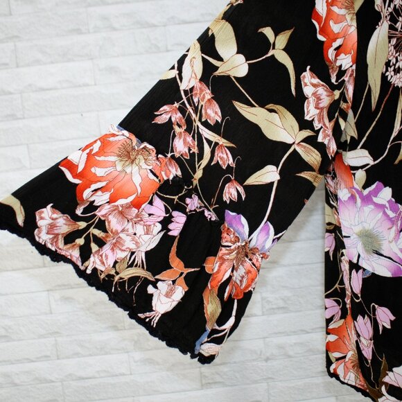 KNOX ROSE Top Jacket Open Front Tie Floral Ruffle Peplum Swimsuit Cover Black XL - Picture 2 of 13